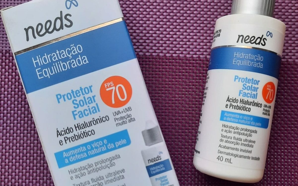 Protetor Solar Needs FPS 70 com Ácido Hialurônico e Prebiótico.